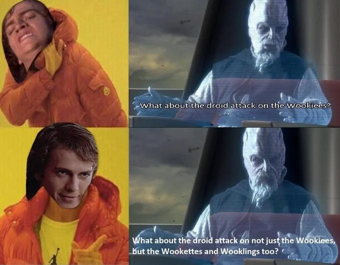 I Killed Them All — Distracted boyfriend meme with Anakin, Tusken men, and Tusken women and children