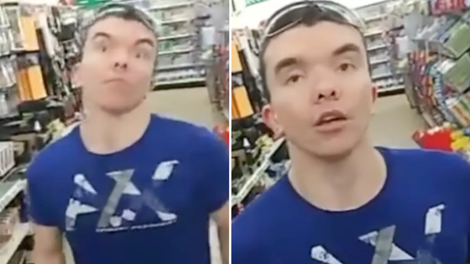 I Knew This Was Happening — Split image of a young man in a blue shirt inside a store, staring with a surprised expression.