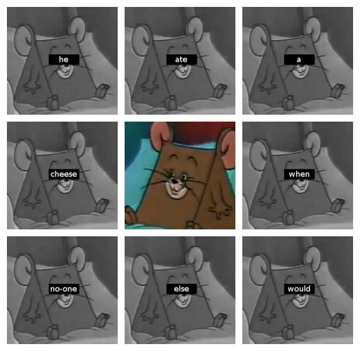 I Know He Ate A Cheese — Nine-panel meme grid spelling out 'he ate a cheese when no-one else would' around the cheese mouse image