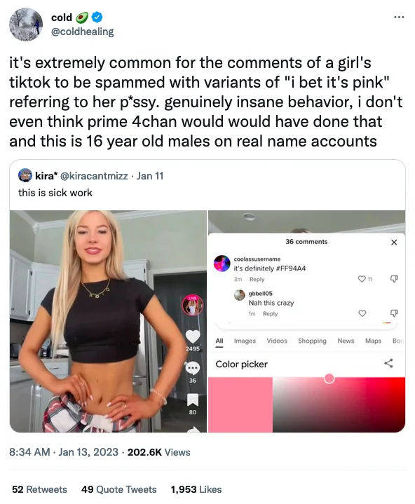 I Know Its Pink Teen Sexual Harassment — Tweet by @coldhealing describing the 'i bet it's pink' TikTok comment trend, quoting a viral post with a color picker