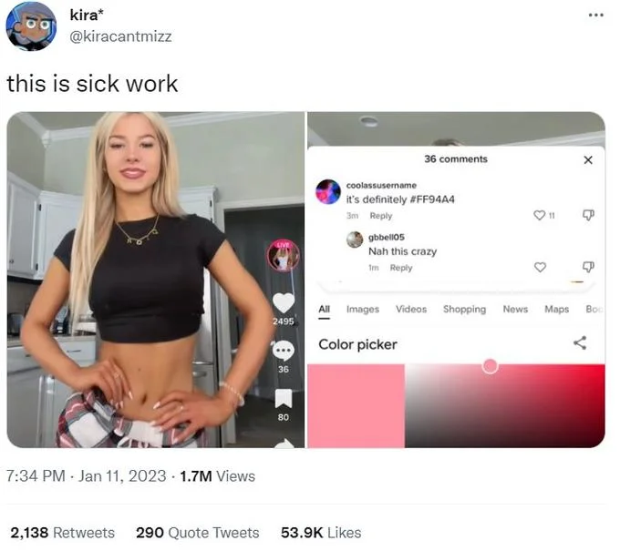 I Know Its Pink Teen Sexual Harassment — @kiracantmizz tweet 'this is sick work' quoting TikTok comments about pink color hex codes