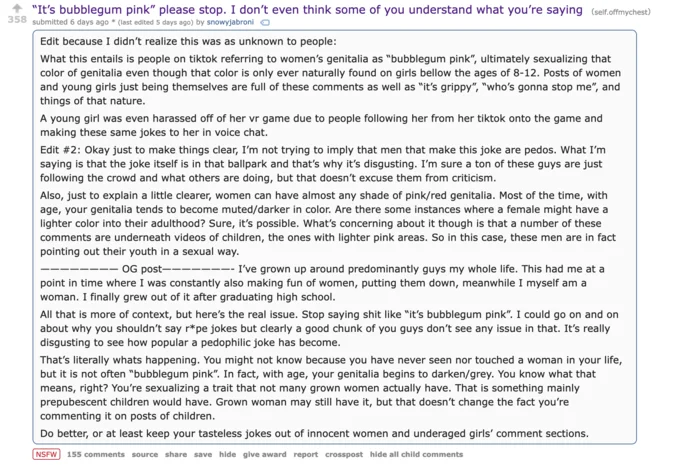I Know Its Pink Teen Sexual Harassment — Long Reddit self-post explaining why 'bubblegum pink' TikTok comments sexualize underage girls