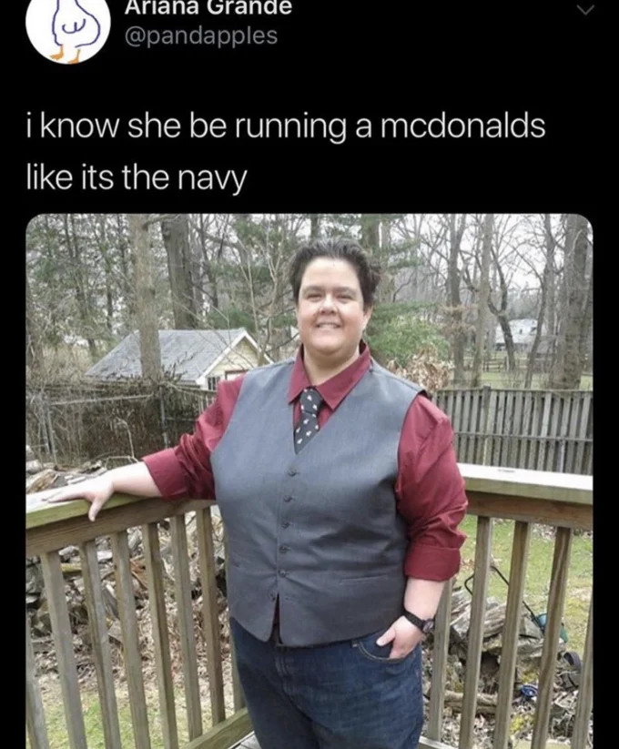 I Know She Be Running A McDonald's Like It's The Navy — Tweet from @pandapples with the McDonald's navy caption above a photo of a person in a vest and tie.