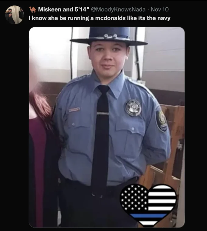 I Know She Be Running A McDonald's Like It's The Navy — Tweet with the McDonald's navy caption over a photo of Kyle Rittenhouse in a police uniform.