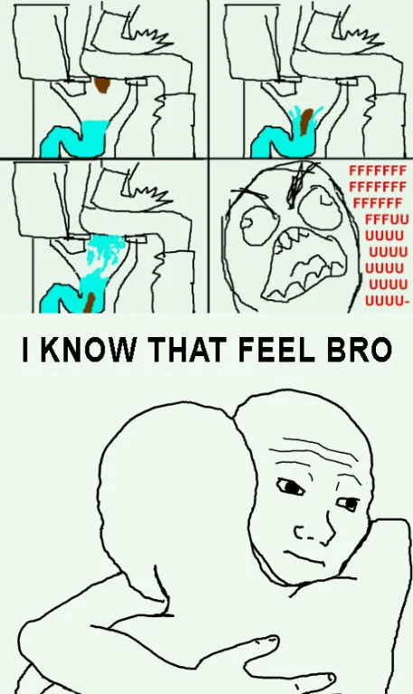 Sequential multi-panel format building context before concluding with iconic 'I KNOW THAT FEEL BRO' Wojak composition.