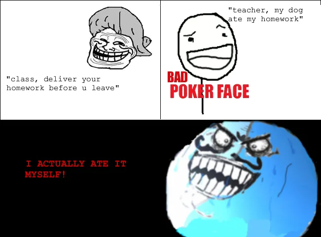 Rage comic with Bad Poker Face and I Lied face confessing 'I actually ate it myself'
