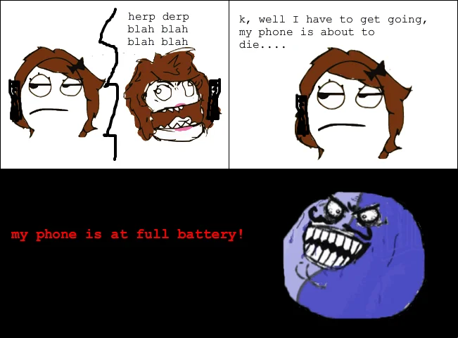 Rage comic with I Lied face captioned 'my phone is at full battery!'