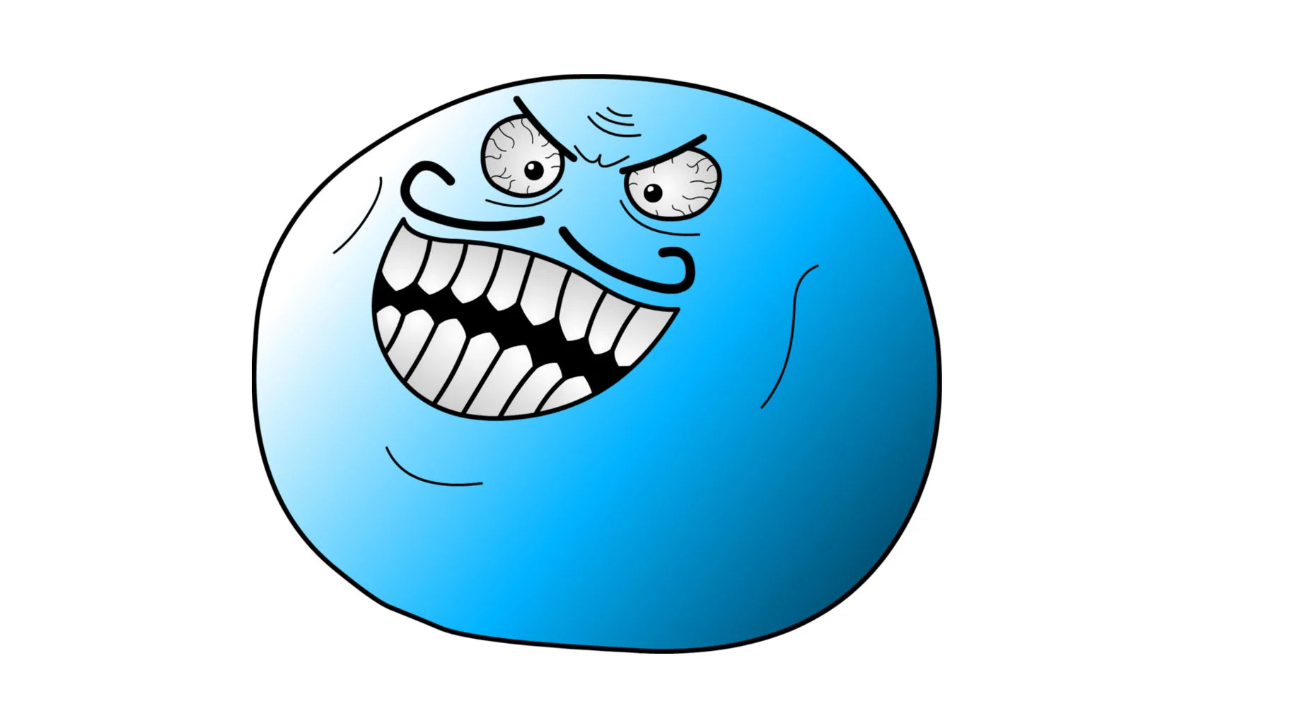 Blue rage comic face with wide grin and menacing bloodshot eyes, the 'I Lied' meme character