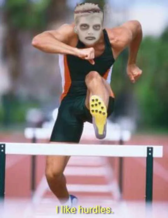 I Like Turtles — Photoshopped athlete leaping a hurdle with the zombie boy's face and caption I like hurdles