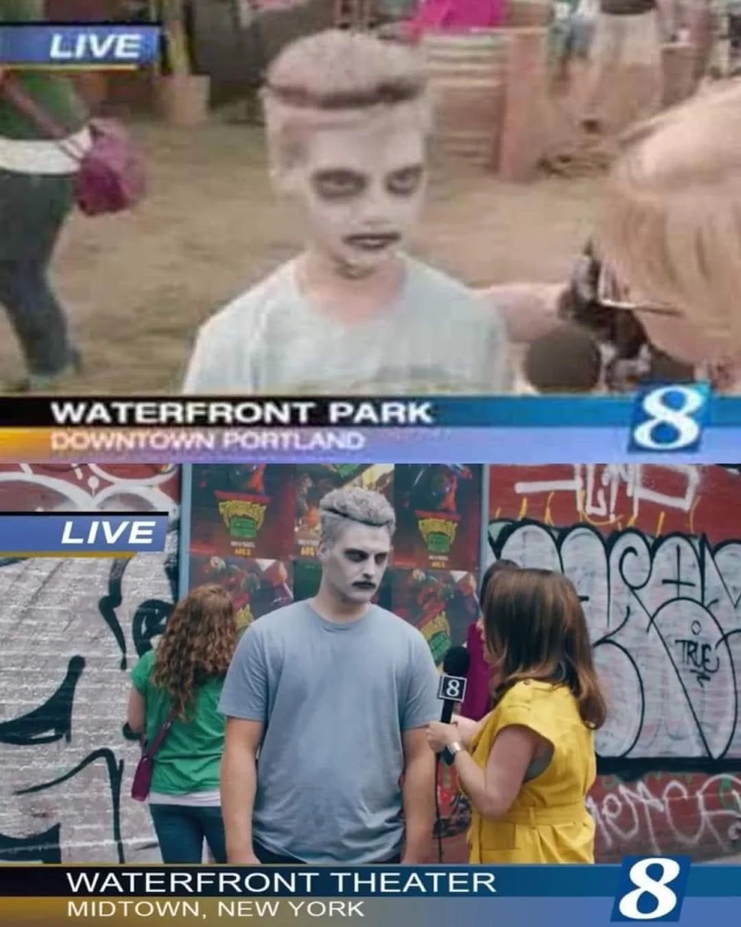 I Like Turtles — Comparison image showing original zombie boy news clip alongside a modern grown-up recreation
