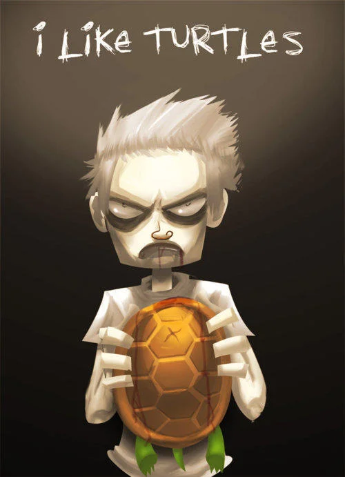 Cartoon zombie boy hugging a turtle shell with I LIKE TURTLES caption