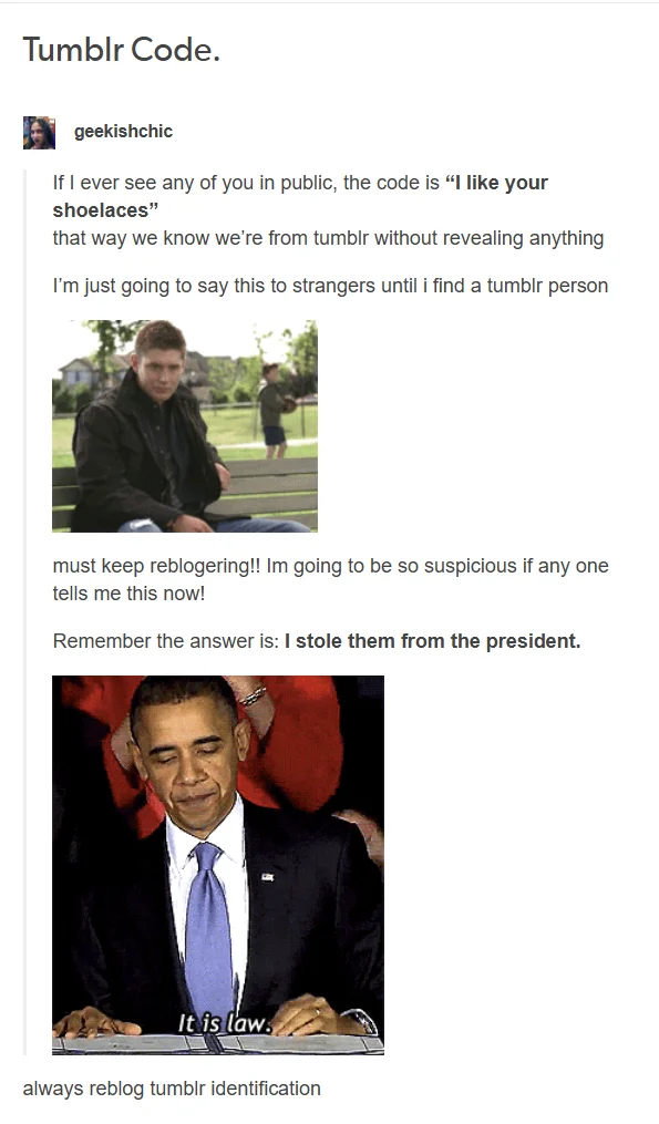 Tumblr post proposing 'I like your shoelaces' as a secret Tumblr code