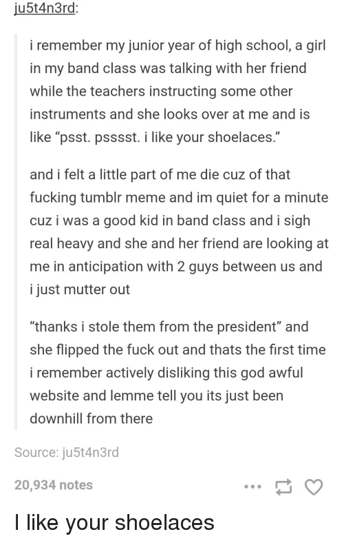 I Like Your Shoelaces — Tumblr anecdote screenshot about the shoelaces phrase in band class