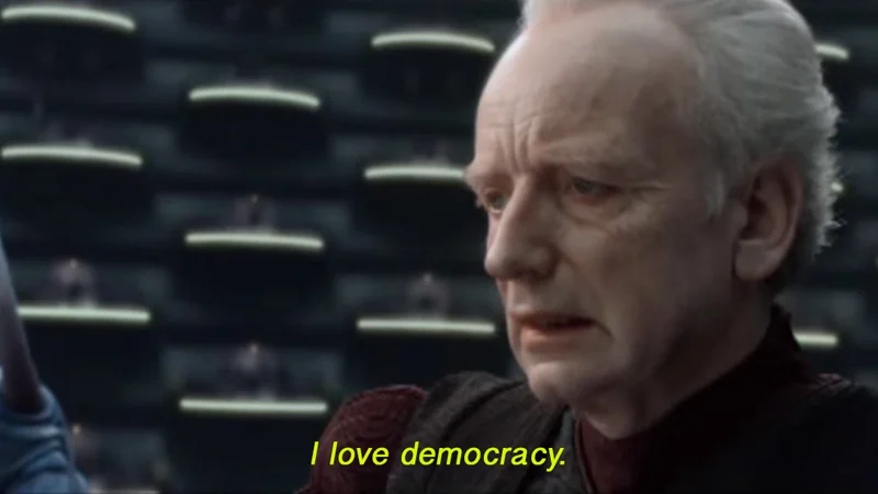 Senator Palpatine saying 'I love democracy' in the Galactic Senate chamber