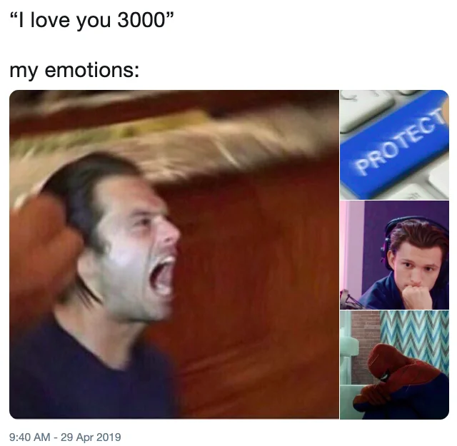 Tweet reacting to 'I love you 3000' with a collage of emotional reaction images including Tom Holland