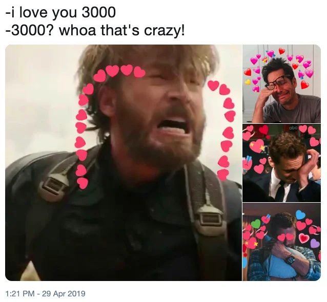 Tweet listing Endgame quotes including 'I love you 3000' with a crying child reaction image