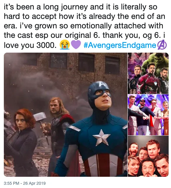 Tweet thanking the original six Avengers with 'I love you 3000' alongside cast collage