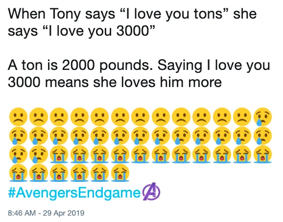 I Love You 3000 — Tweet explaining the ton-versus-3000 math joke with rows of sad and crying emojis