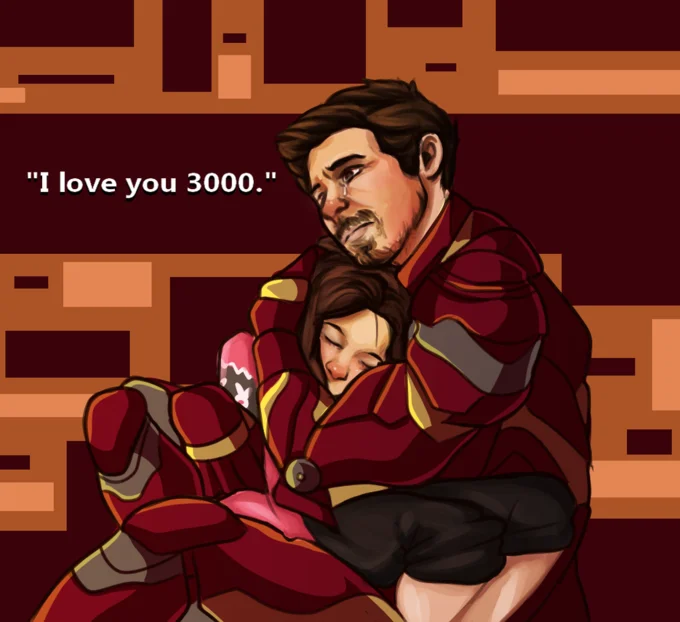 Fan-art of Tony Stark hugging his daughter Morgan with the caption 'I love you 3000'