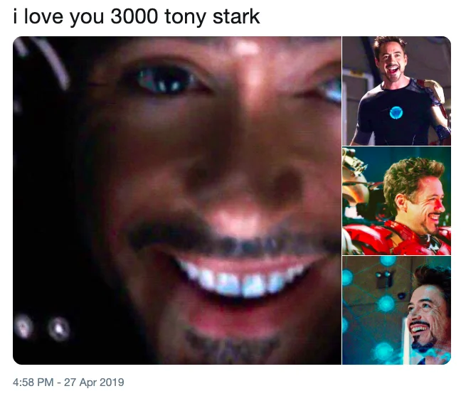 Tweet mocking the 'I love you 3000' phrase with crying reaction images decorated with heart emojis