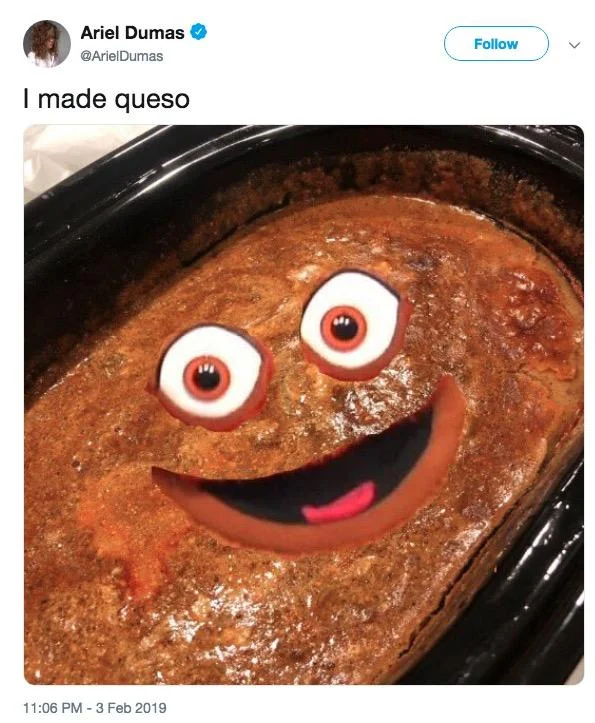 I Made Queso — Tweet showing crockpot queso with added cartoon smiley face.