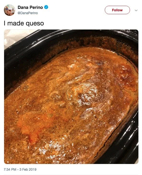 Dana Perino tweet reading 'I made queso' with photo of brown crockpot sauce.