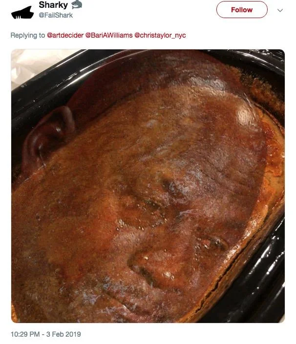 I Made Queso — Tweet with edited crockpot queso image showing a face in the sauce.