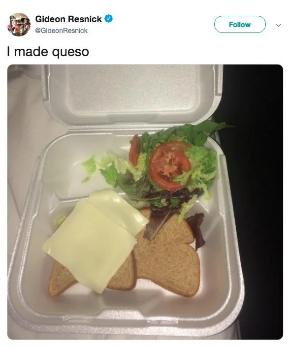 Tweet captioned 'I made queso' showing sandwich with American cheese in a takeout box.