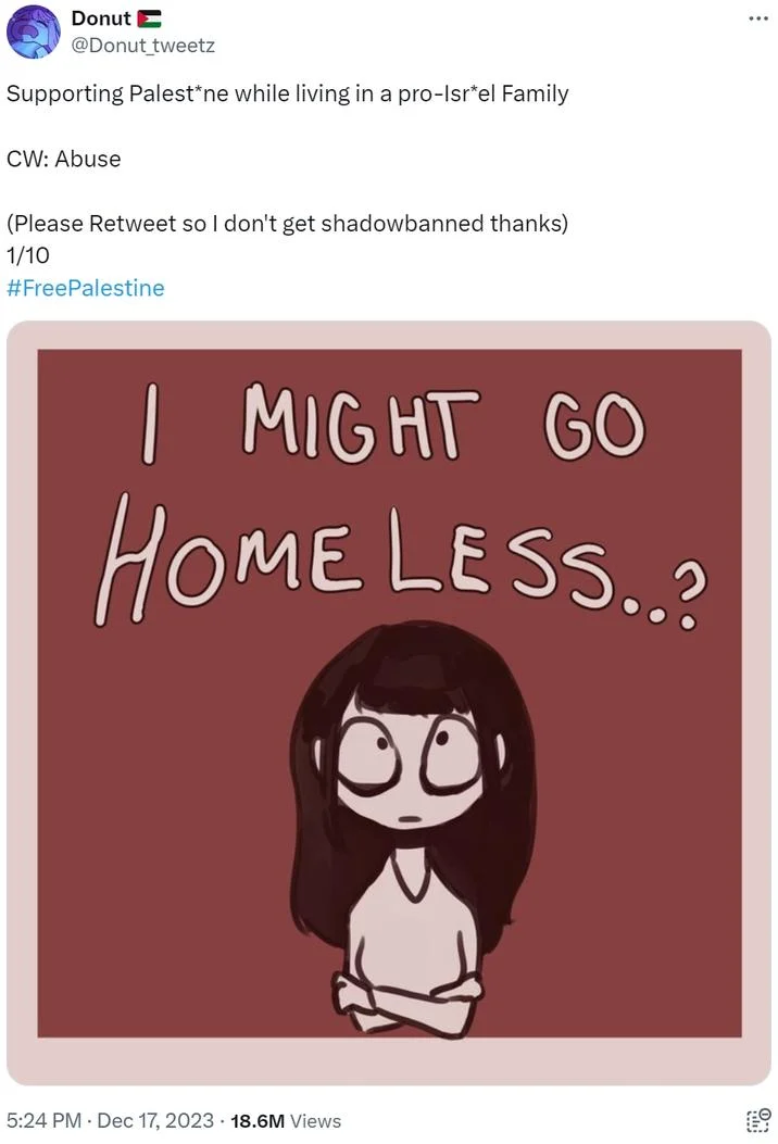 I Might Go Homeless? — Twitter post by Donut_tweetz featuring the 'I might go homeless..?' cartoon with Palestine-support caption