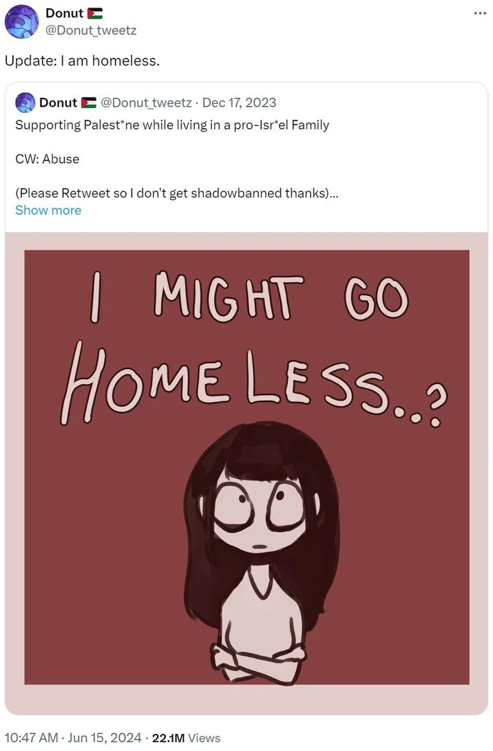 I Might Go Homeless? — Twitter follow-up by Donut_tweetz saying 'Update: I am homeless.' quoting the original meme tweet
