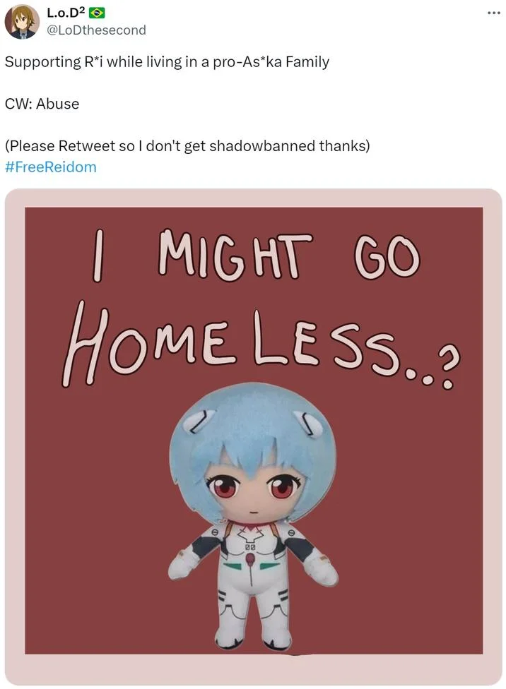 I Might Go Homeless? — Rei Ayanami plush doll parody of 'I might go homeless' with Evangelion Rei vs Asuka caption