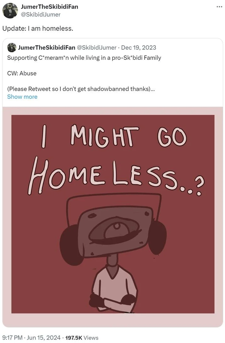 I Might Go Homeless? — Follow-up tweet of Skibidi Toilet 'Update: I am homeless' parody