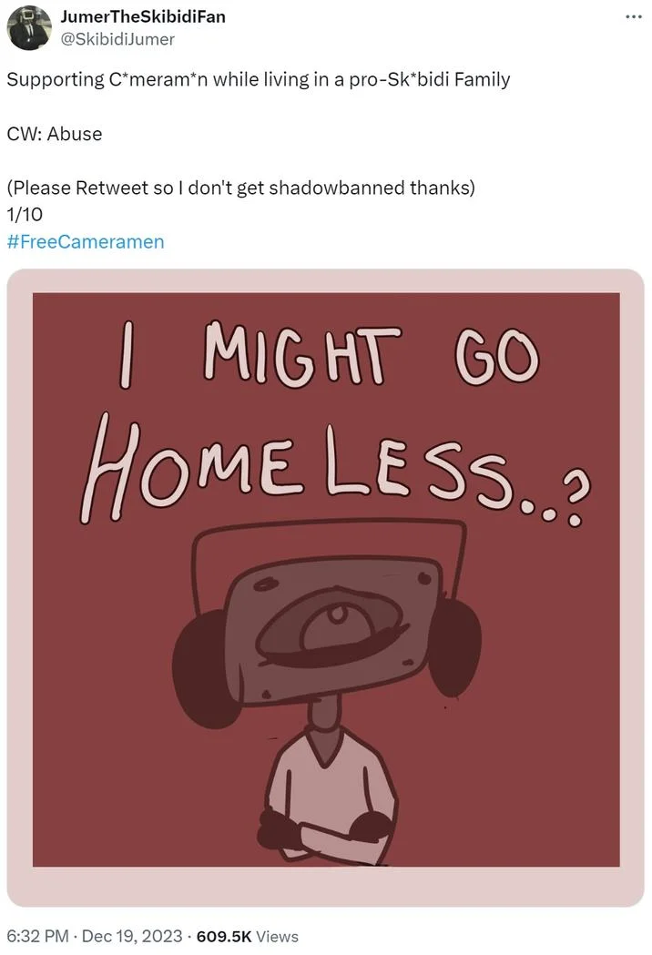I Might Go Homeless? — Skibidi Toilet parody of 'I might go homeless' with camera-headed figure and Cameraman caption