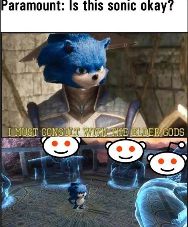 I Must Consult With the Elder Gods — Meme with ugly movie Sonic as Raiden consulting Reddit-face Elder Gods about Sonic's design