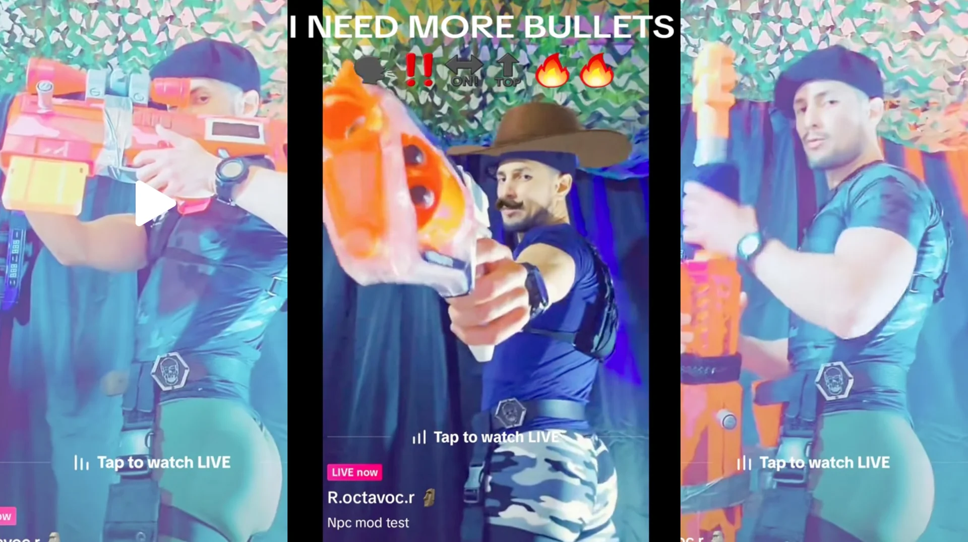 Three-panel TikTok Live screenshot of a man in cowboy hat and tactical gear aiming an orange Nerf gun with the caption 'I NEED MORE BULLETS' above.