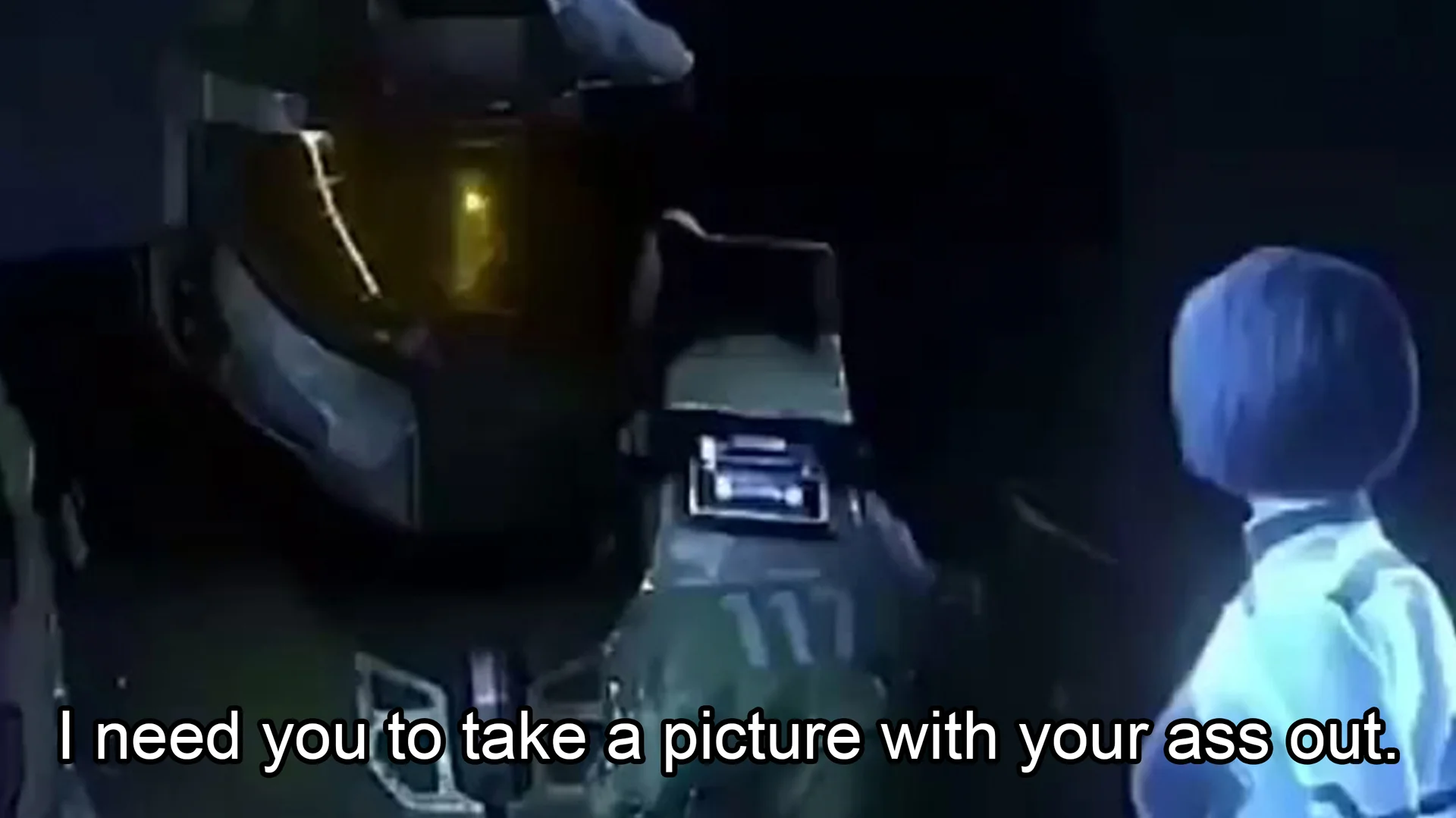 Master Chief from Halo facing a small blue-haired child with subtitle 'I need you to take a picture with your ass out.'