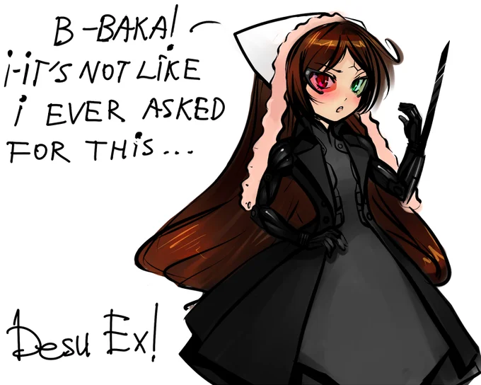 I Never Asked for This — Anime tsundere girl with mechanical arm captioned 'B-Baka! It's not like I ever asked for this... Desu Ex!'