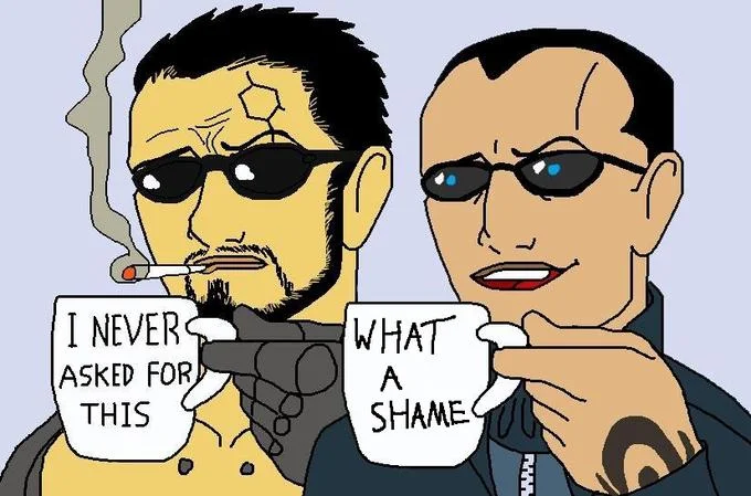 Cartoon of Adam Jensen and another sunglasses-wearing character holding mugs saying 'I never asked for this' and 'What a shame'