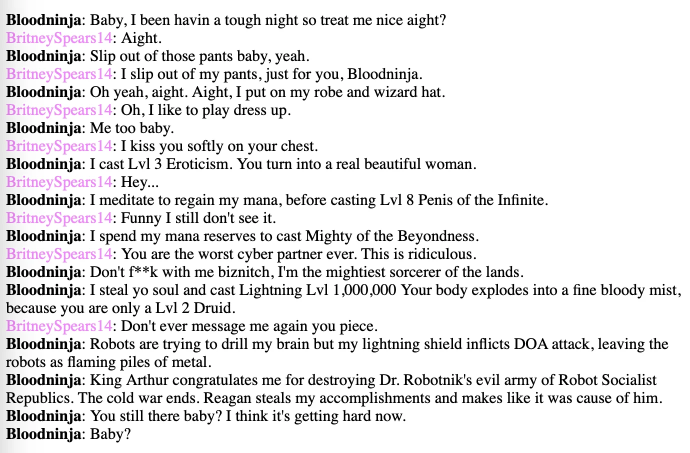I Put on My Robe and Wizard Hat — Text transcript of the original Bloodninja BritneySpears14 chat log containing the wizard hat line.