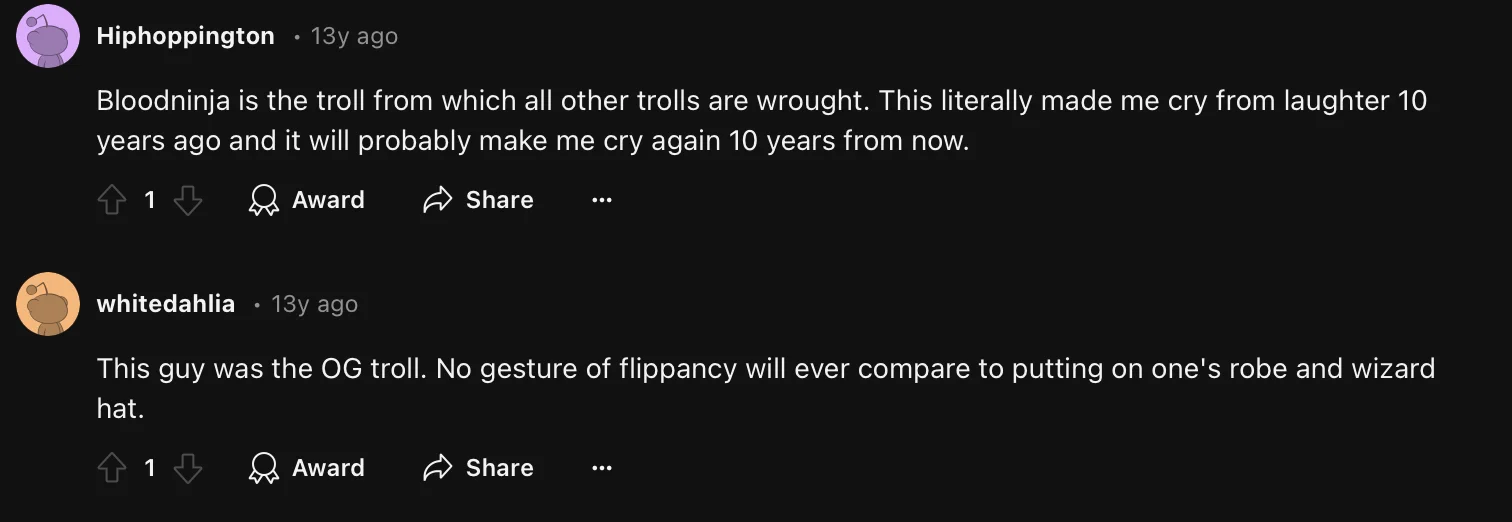 I Put on My Robe and Wizard Hat — Reddit comments discussing Bloodninja and the wizard hat meme.
