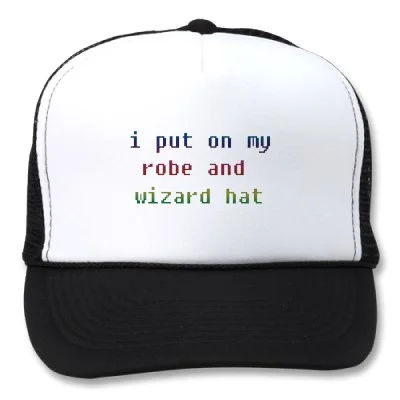 Trucker hat printed with the text 'i put on my robe and wizard hat'.