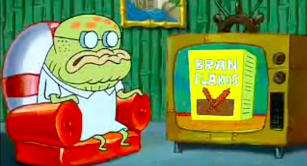I Saw You On TV Last Night — Elderly fish character from SpongeBob SquarePants sitting in a red armchair watching a Bran Flakes commercial on an old TV.