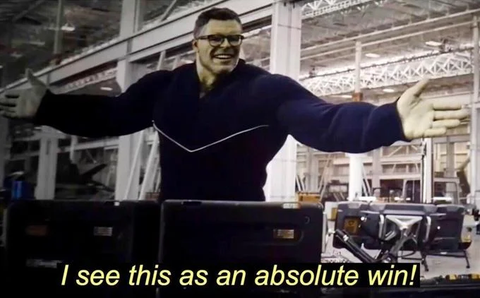 Smart Hulk meme with the caption 'I see this as an absolute win!'