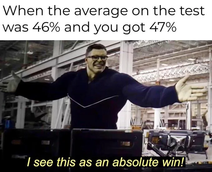 I See This as an Absolute Win — Absolute Win meme joking about scoring 47% when the test average was 46%