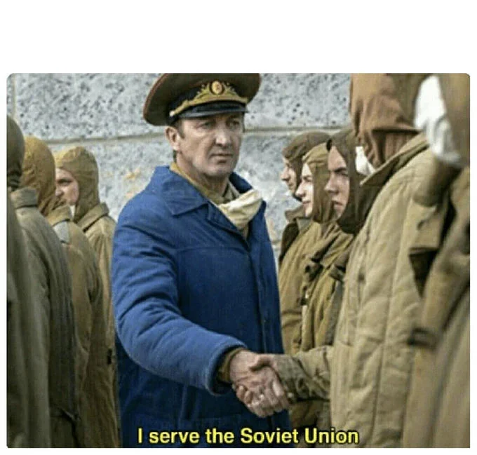Classic base meme template showing General Nikolai Tarrakov standing with soldiers in military uniforms with yellow-captioned 'I Serve the Soviet Union' text.