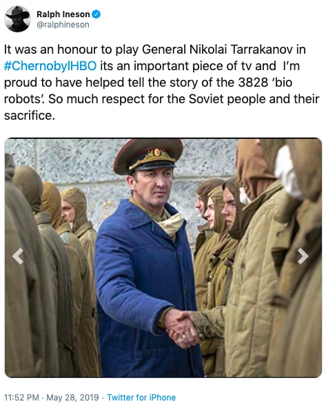 I Serve The Soviet Union — Actor Ralph Ineson's Twitter post from May 28, 2019, sharing a screenshot from Chernobyl miniseries with the iconic scene.