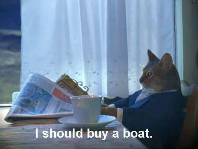 I Should Buy a Boat Cat — Suited tabby cat looking out a window with the caption 'I should buy a boat.'
