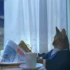 I Should Buy a Boat — Original unadorned image of tabby cat in blue suit seated at table by window reading newspaper with coffee cup.