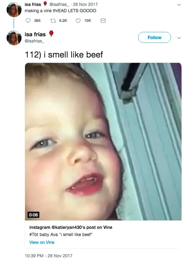 Twitter screenshot of an isafrias_ tweet numbered 112 sharing the i smell like beef Vine of baby Ava.