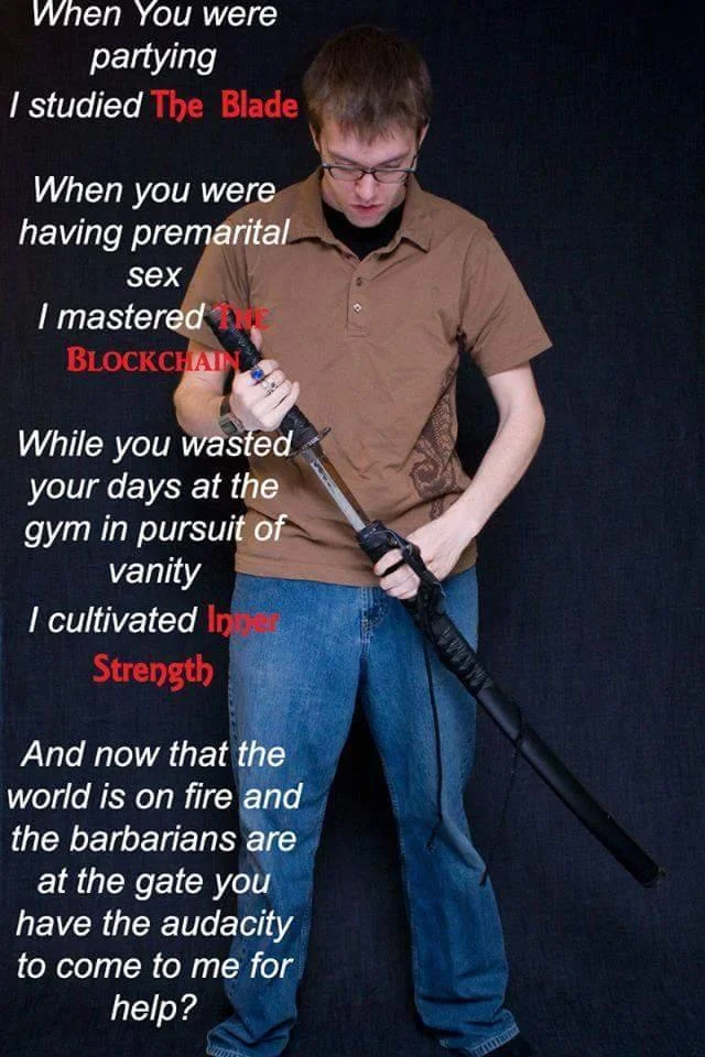Man unsheathing katana with blockchain-themed 'I studied the blade' monologue overlay